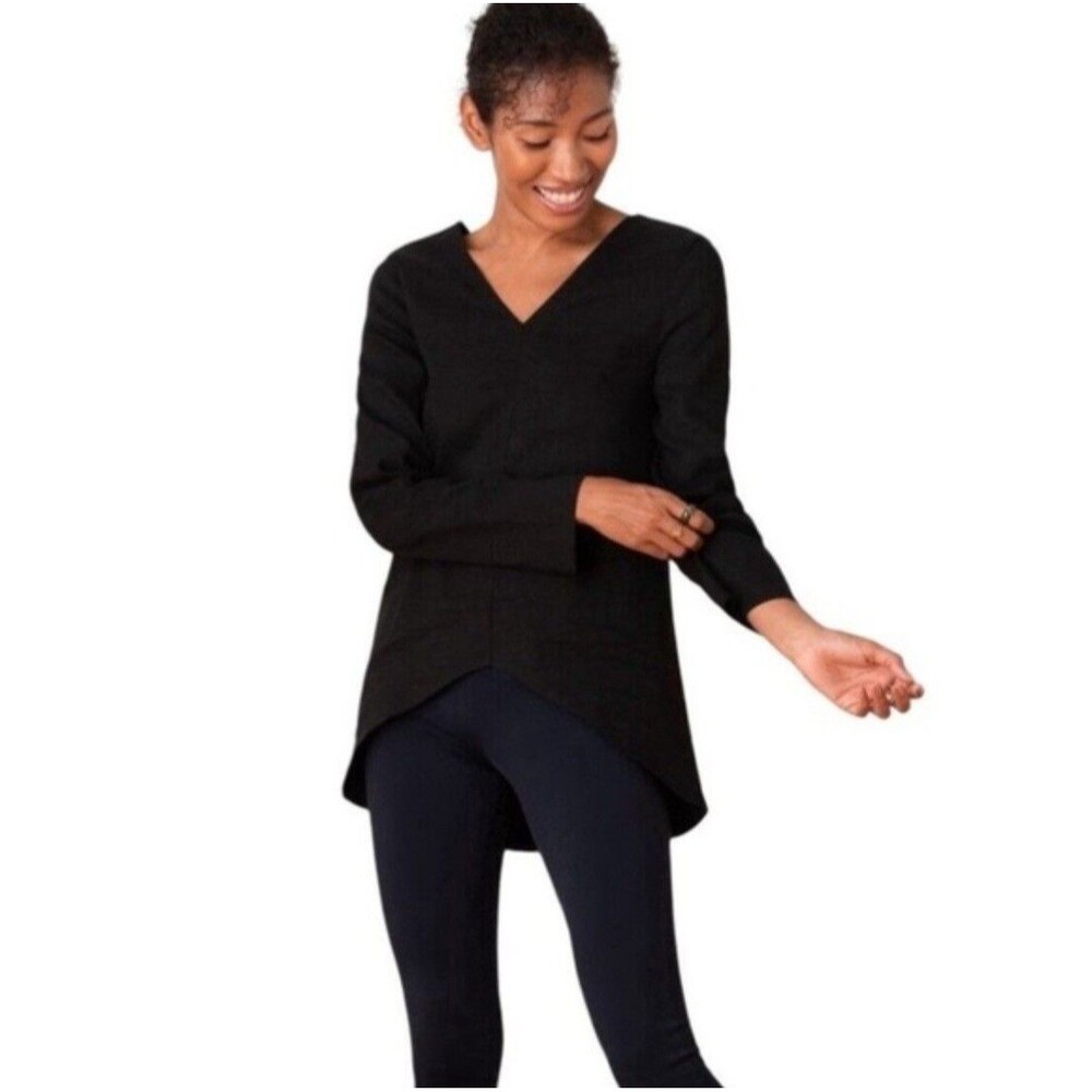 ADAY Womens Linen Blend Black Top Sz L Let Loose Double V Neck Pullover Stretch